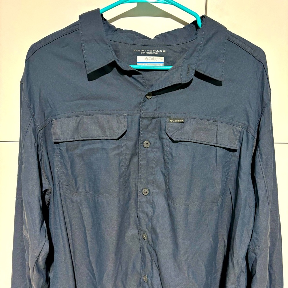 Columbia Shirt Large Mens Long Sleeve Button Down Omni Shade Blue Fishing UV Sun